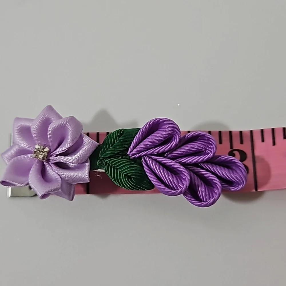 Hand Crafted Purple Barrette Hair Clip Floral Ribbon flowers purple 2- Piece set